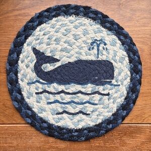 Thar she blows! Navy Whale Braided Round Trivet and whale tail coat hook